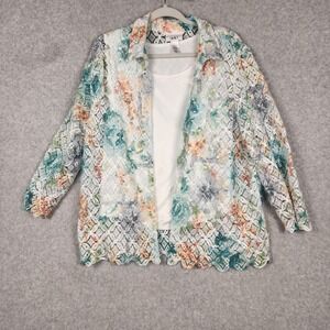 Alfred Dunner Jacket Womens XL Pastel Lace Floral Open Front 3/4 Sleeve Top